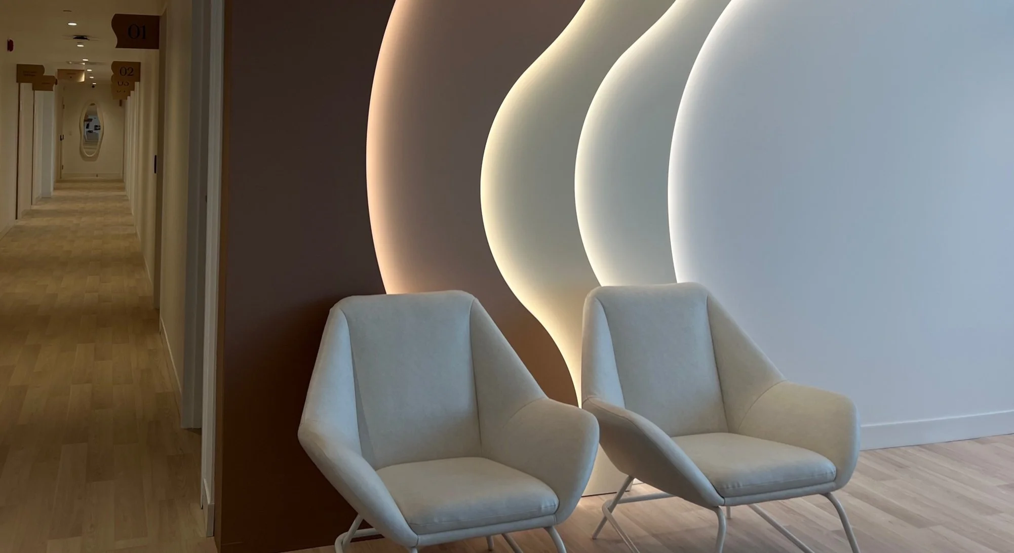 Seating area inside Clinique Rheia
